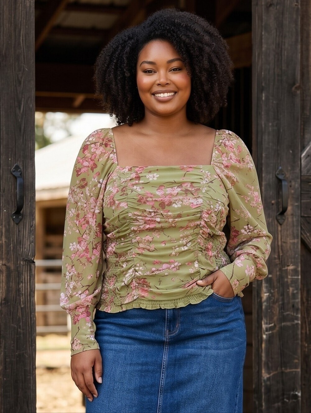 Anthropologie Green Smocked Milkmaid Style Blouse With Cherry Blossom Details